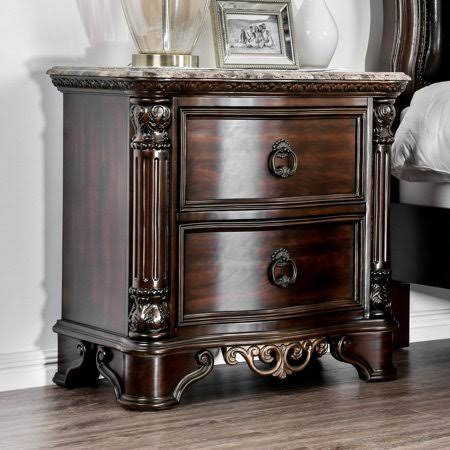 Brown Traditional Wood Carved Marble Nightstand B100507