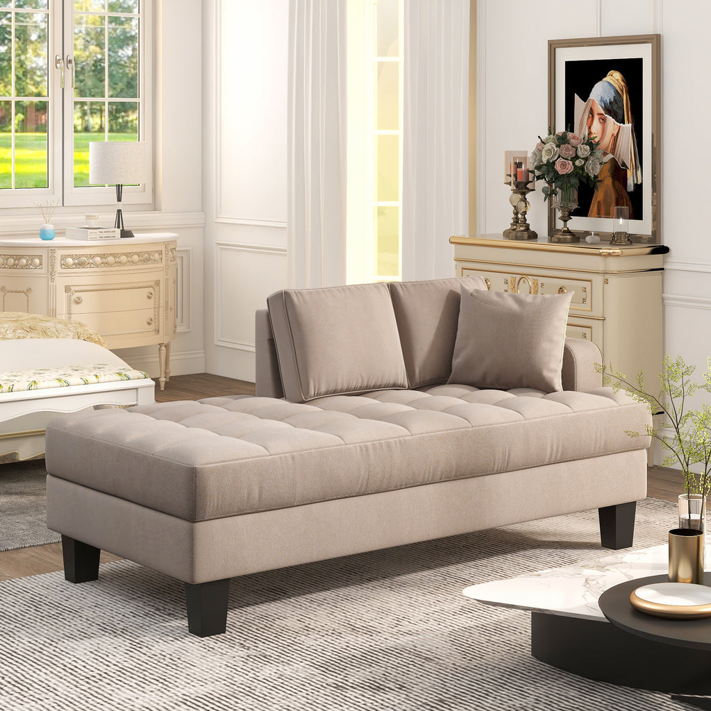 Warm Grey Tufted Fabric Chaise Lounge with Toss Pillow U297089