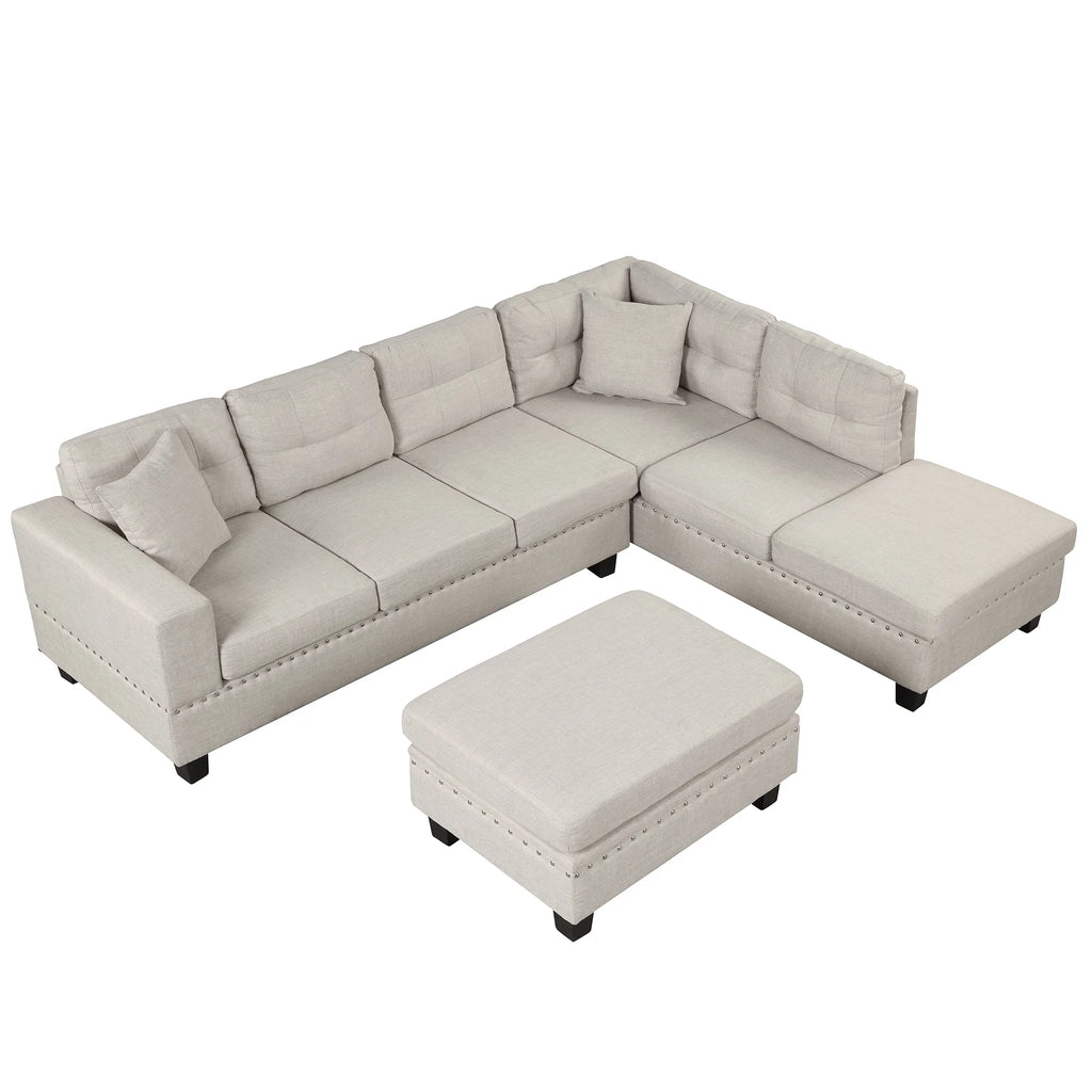 Light Gray Sectional Sofa with Storage Ottoman and Cup Holder P394929