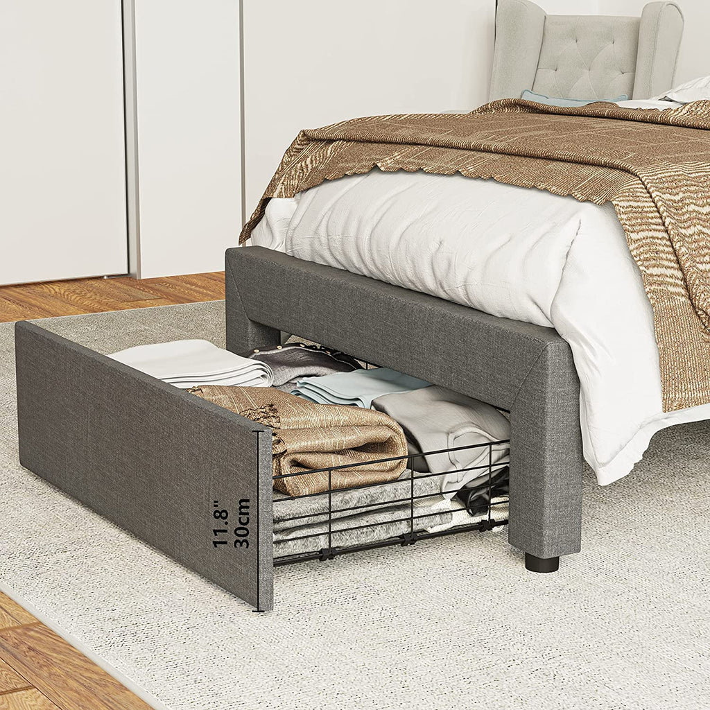 Grey Twin Bed Frame with Upholstered Headboard and Under-bed Drawer K65740
