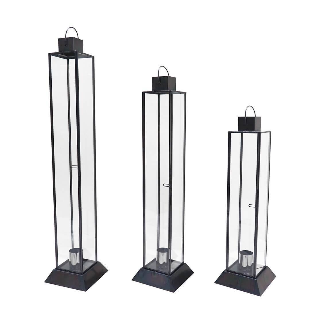 Black Glass Taper Candle Lantern Set K796705