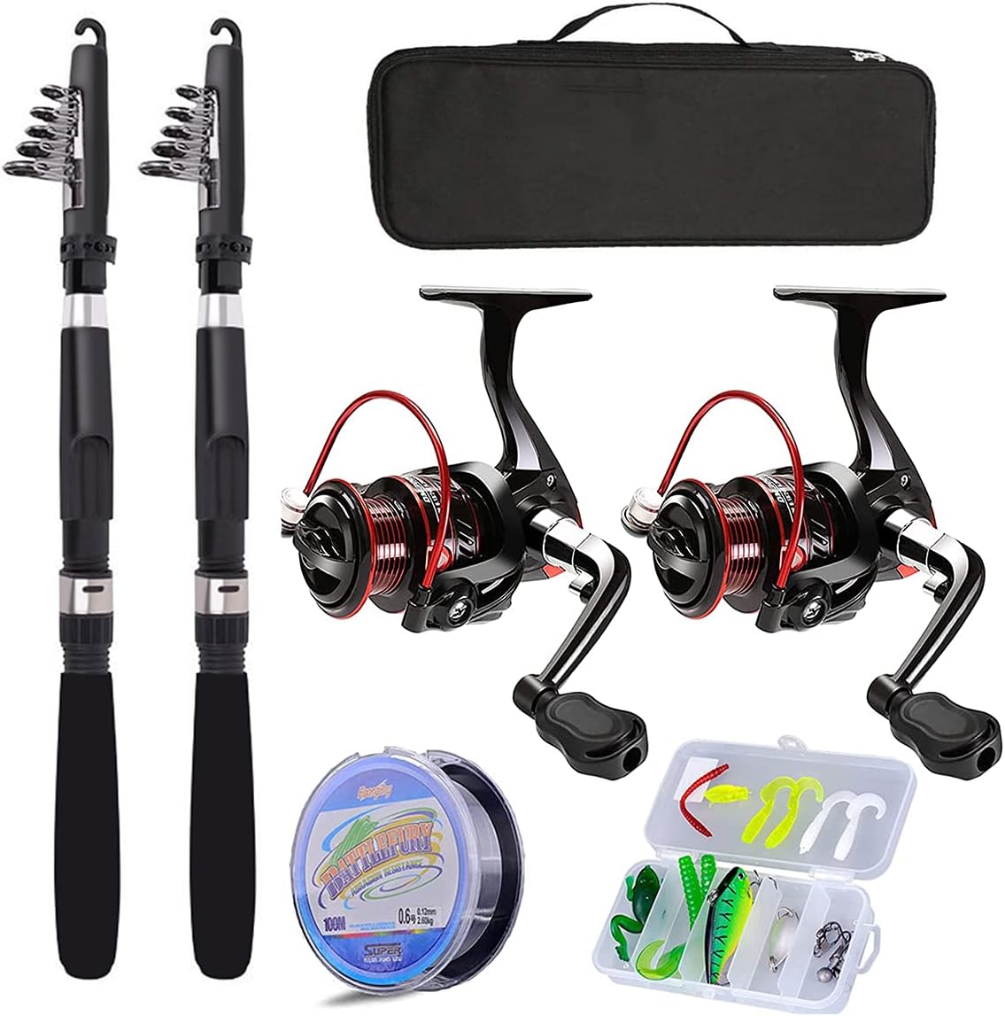 2.1m 2PCS Collapsible Carbon Fiber Fishing Rods with Spinning Reels Carrier Bag O40940