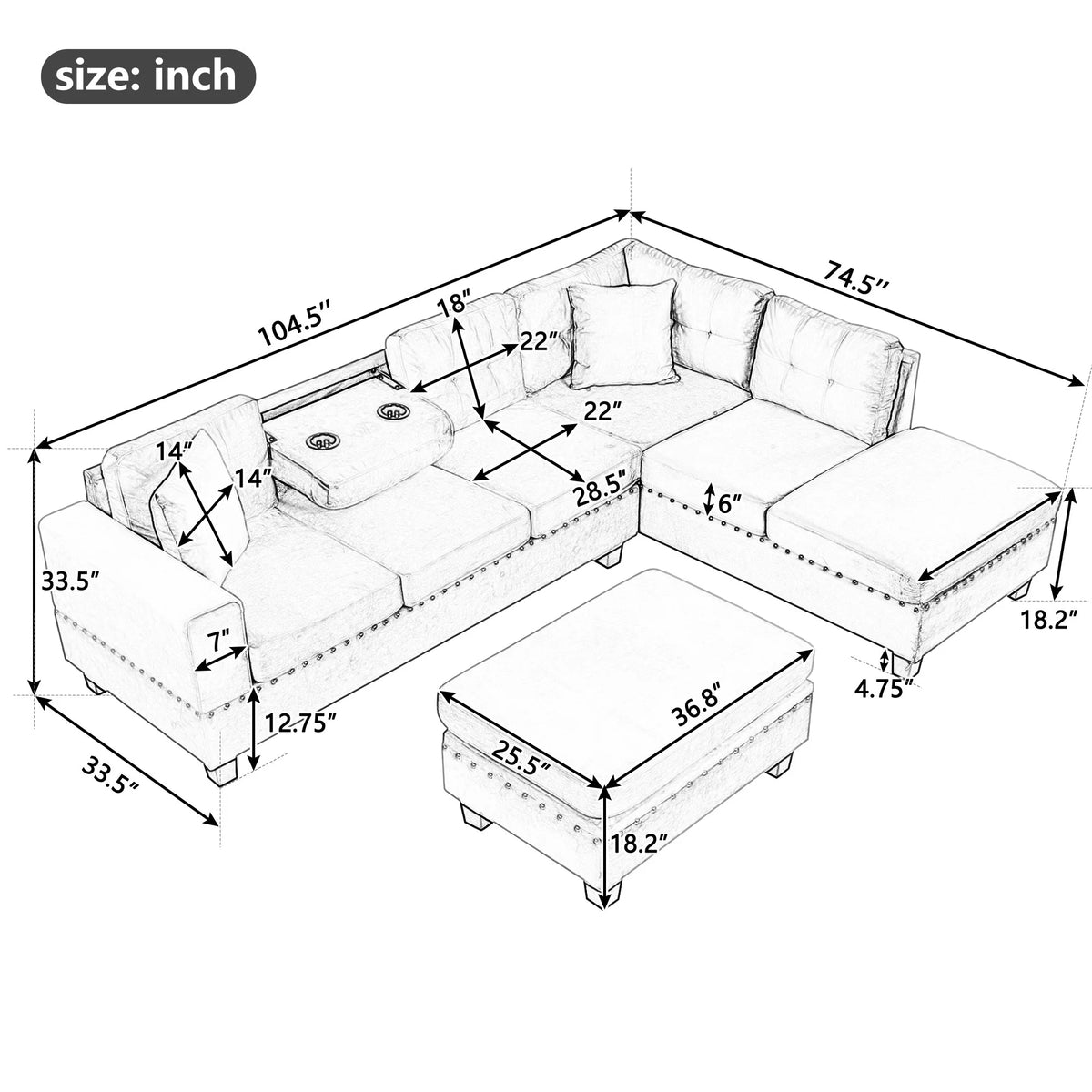 Light Gray Sectional Sofa with Storage Ottoman and Cup Holder P394929