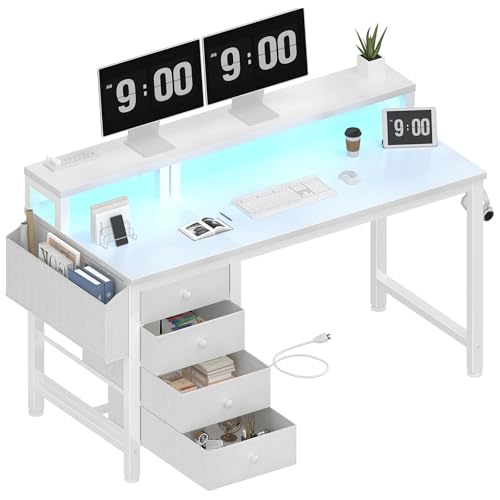 47 inch Gaming Desk with LED Lights and Power Outlets and Fabric Drawers O3340