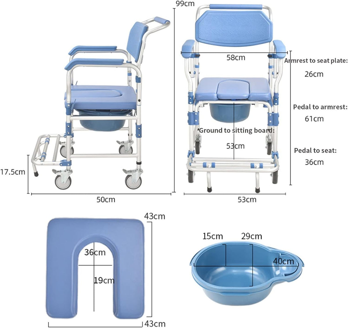 Toilet Chair with Wheeled - Shower Wheelchair - Commode Mobile Chair with Armrest Q13413