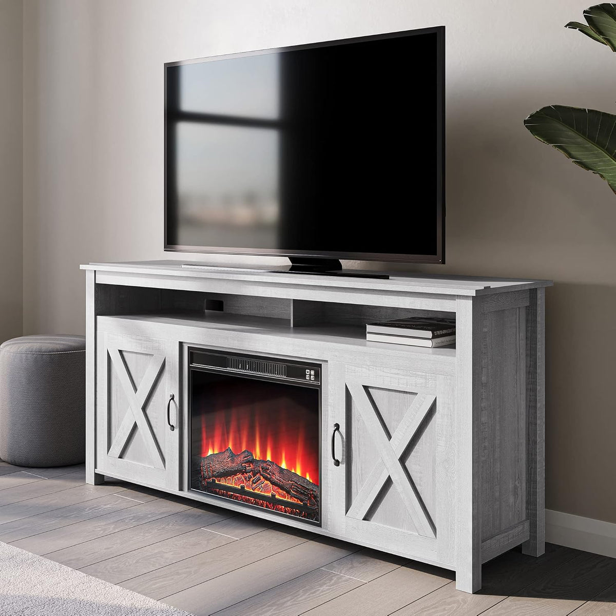 Wood TV Stand with Open Shelves and Cabinets D4426