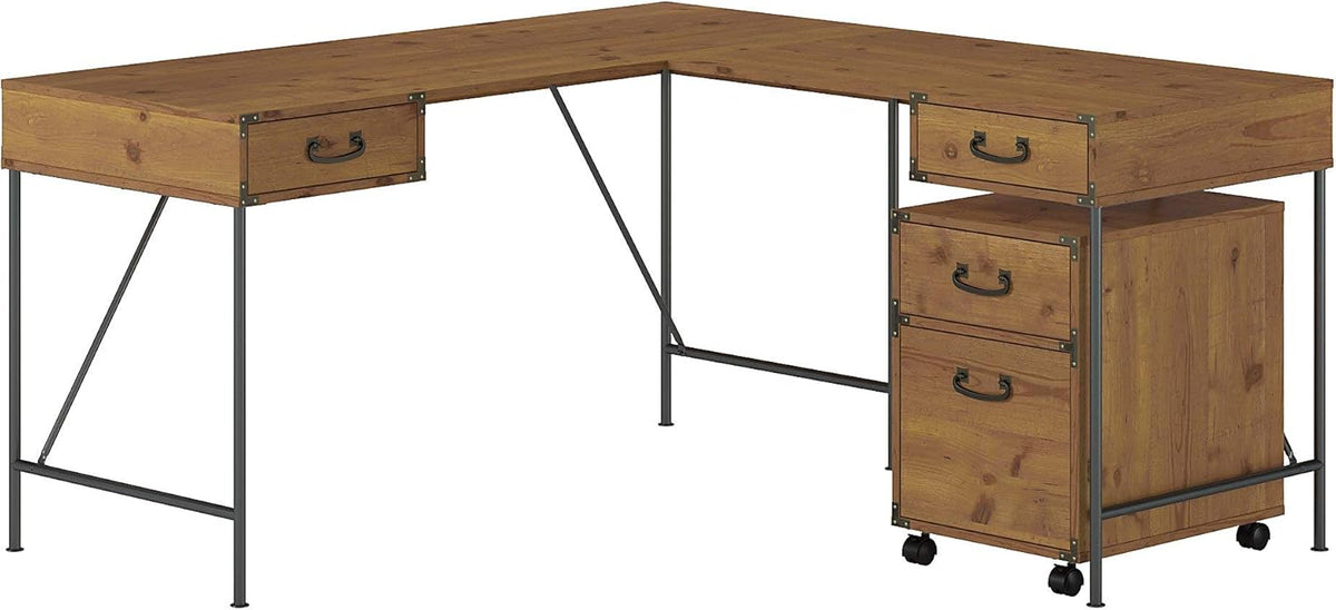 Vintage Golden Pine Writing Desk with 2 Drawer File Cabinet P50010