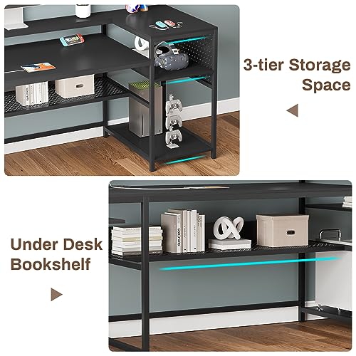 Grey L Shaped Desk with Power Outlets and LED Strip J76398