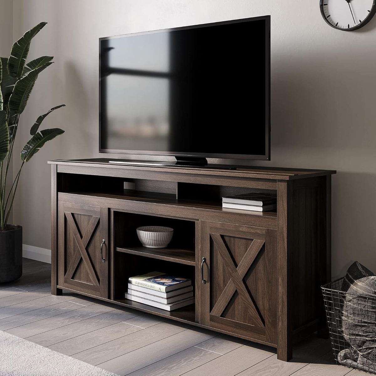 Wood TV Stand with Open Shelves and Cabinets D4426