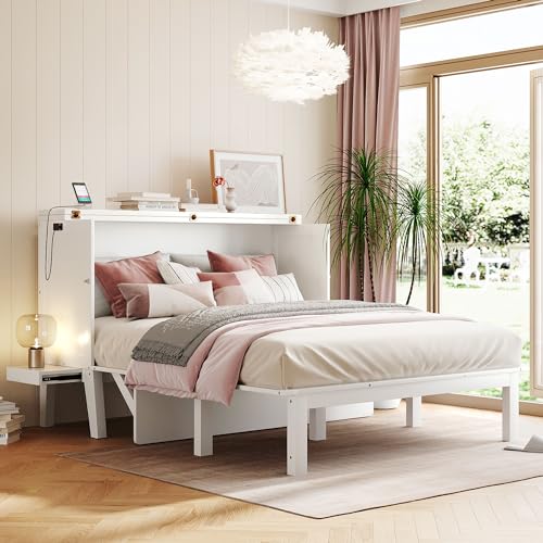 White+Walnut Queen Size Solid Pine Murphy Bed Chest with Storage Drawer M10157