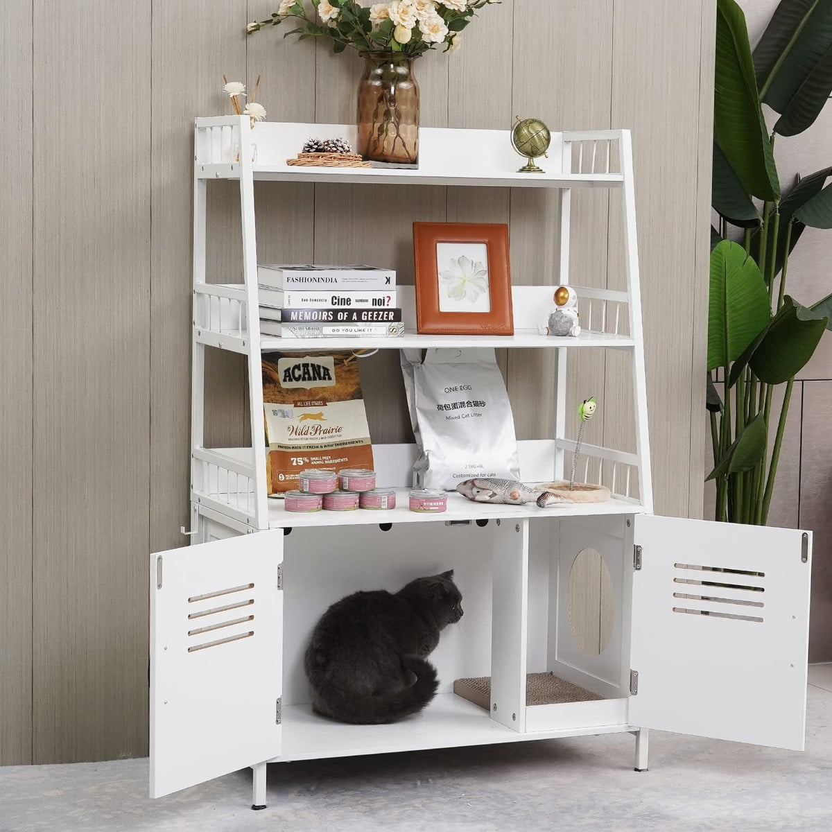 White Wooden Cat Litter Box Enclosure with 2 Doors L1845