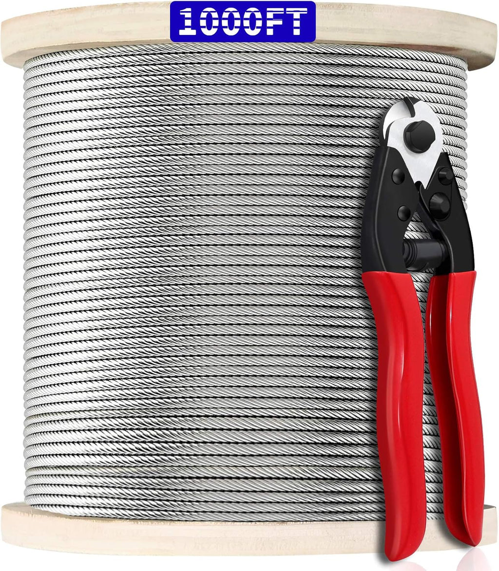 1/8 T316 Stainless Steel Cable with Cutter, 600FT 7 x 7 Strands Wire Rope G6946