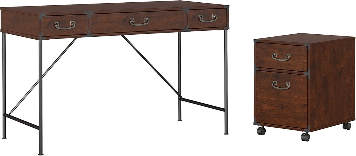 Vintage Golden Pine Writing Desk with 2 Drawer File Cabinet P50010