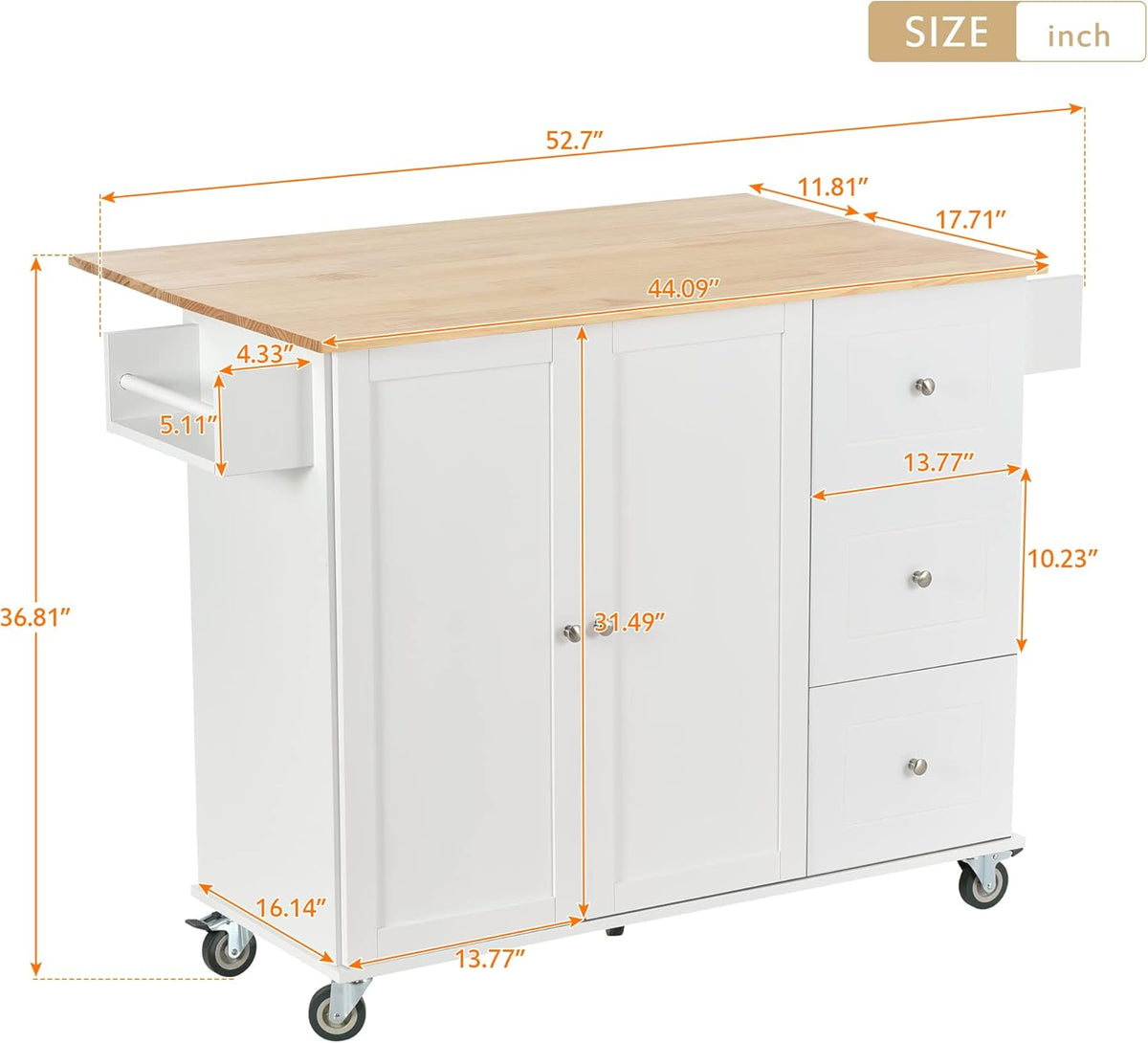 White Kitchen Island with 3 Drawers and Rolling Cart I6107