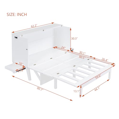 White+Walnut Queen Size Solid Pine Murphy Bed Chest with Storage Drawer M10157
