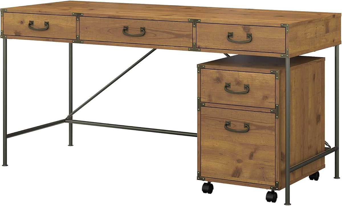 Vintage Golden Pine Writing Desk with 2 Drawer File Cabinet P50010