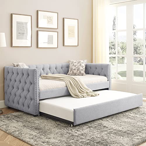 Twin Size Linen Fabric Upholstered Daybed with Trundle M75363