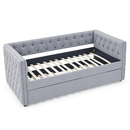 Twin Size Linen Fabric Upholstered Daybed with Trundle M75363