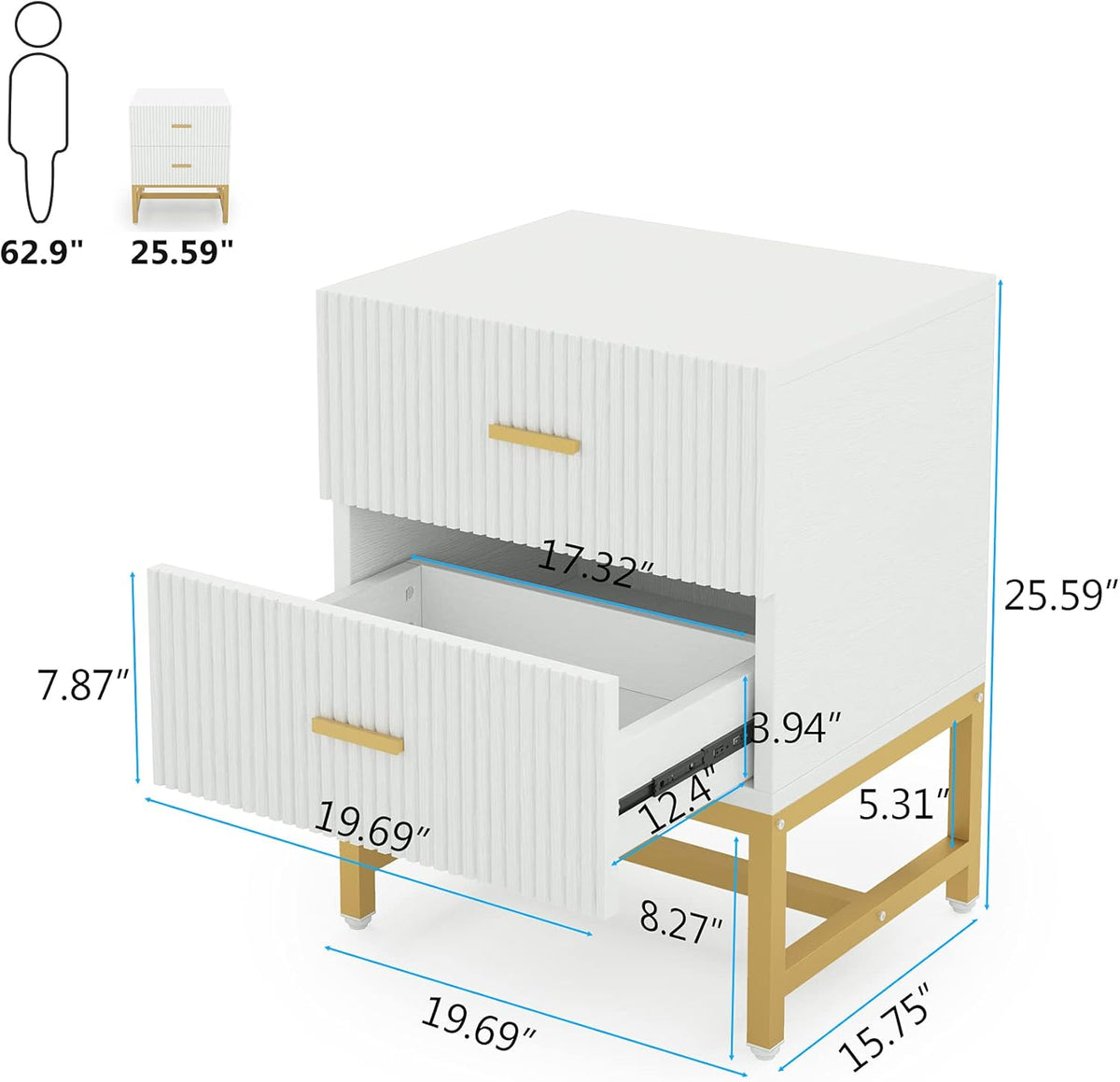 2-Drawer Nightstand with Storage Cabinet Metal Frame M500