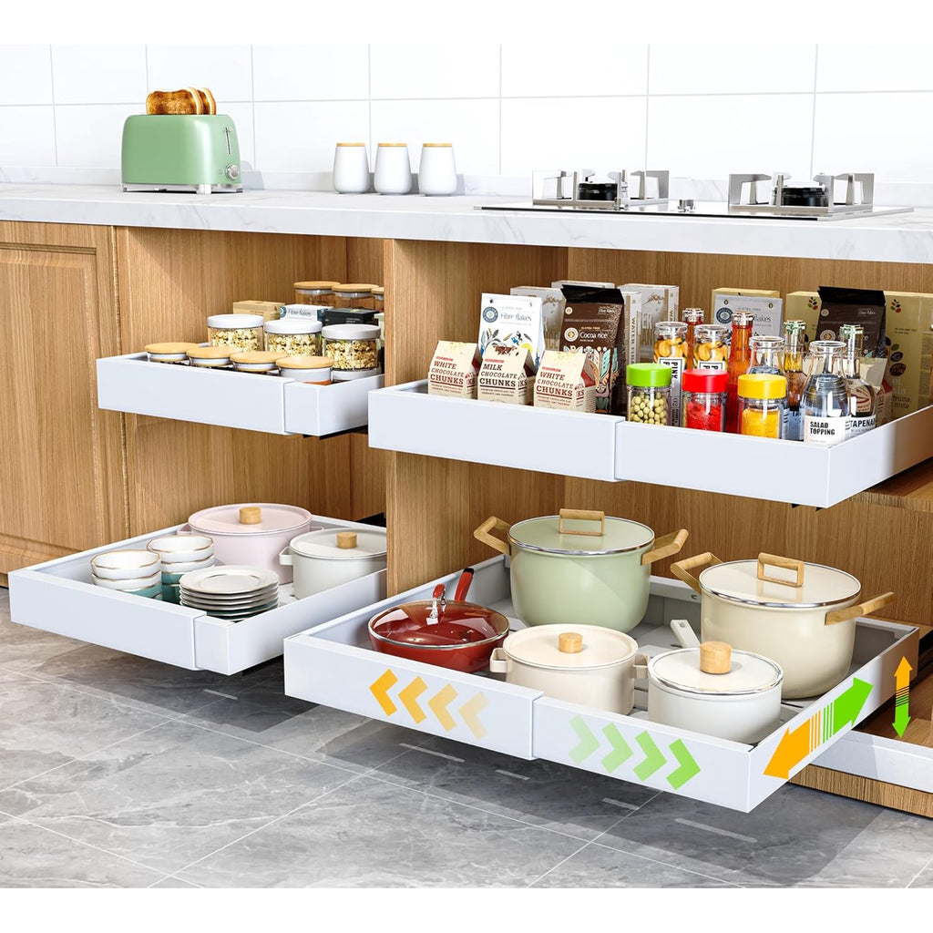 4 Pack Pull Out Cabinet Organizer, 21Deep Slide Out Drawer Organizers, White P2382
