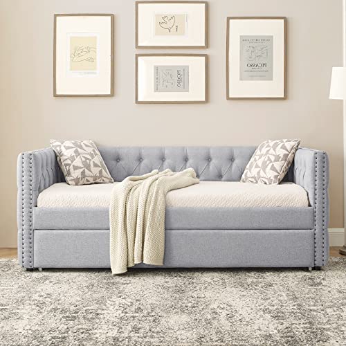 Twin Size Linen Fabric Upholstered Daybed with Trundle M75363