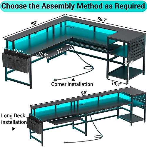 Grey L Shaped Desk with Power Outlets and LED Strip J76398