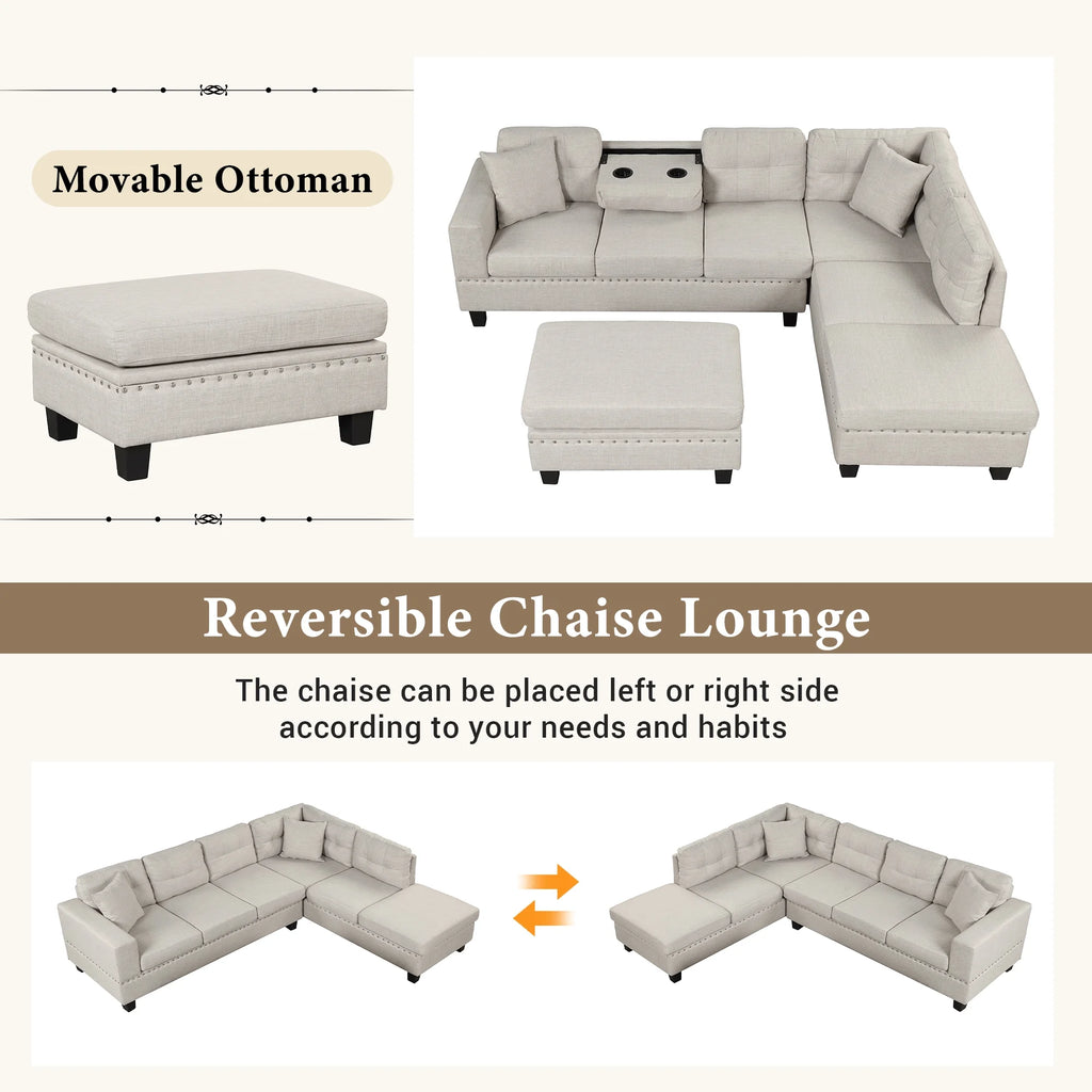 Light Gray Sectional Sofa with Storage Ottoman and Cup Holder P394929