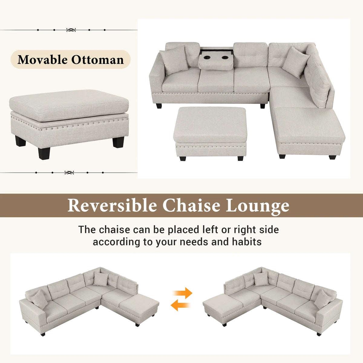 Light Gray Sectional Sofa with Storage Ottoman and Cup Holder P394929