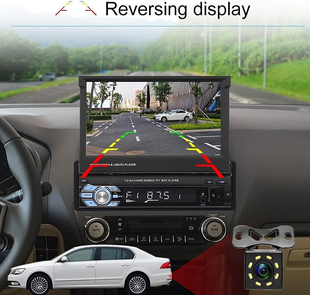 Single Din Car Stereo with Bluetooth, 7 Retractable Touch Screen Car Radio Receiver with Backup Camera T3139