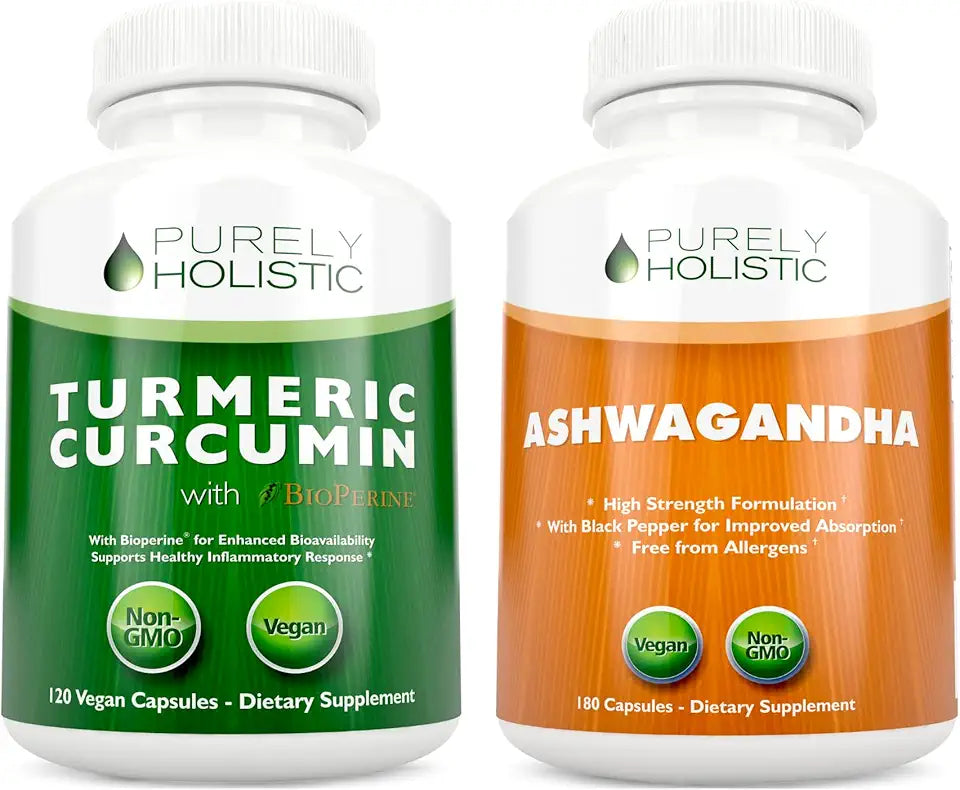 Organic Turmeric Curcumin 700mg & Bioperine + Organic Ashwagandha 1300mg & Black Pepper - Vegan 120 + 180 Capsules E9413