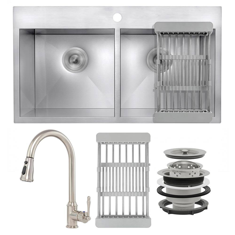 Double Basin Drop-In Kitchen Sink with Faucet J363