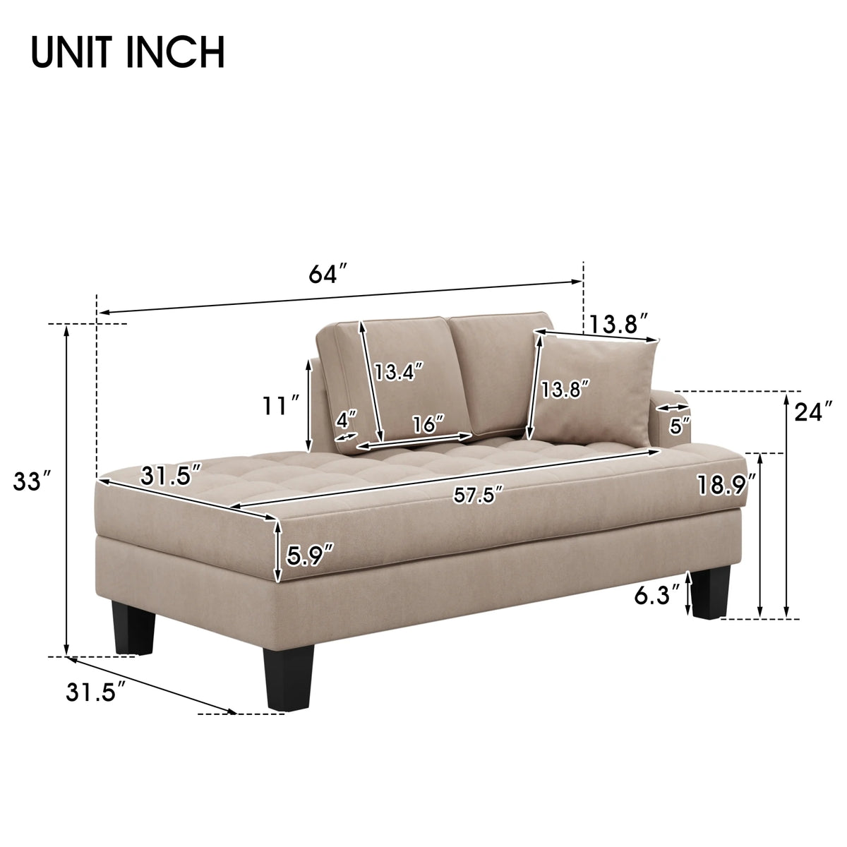 Warm Grey Tufted Fabric Chaise Lounge with Toss Pillow U297089
