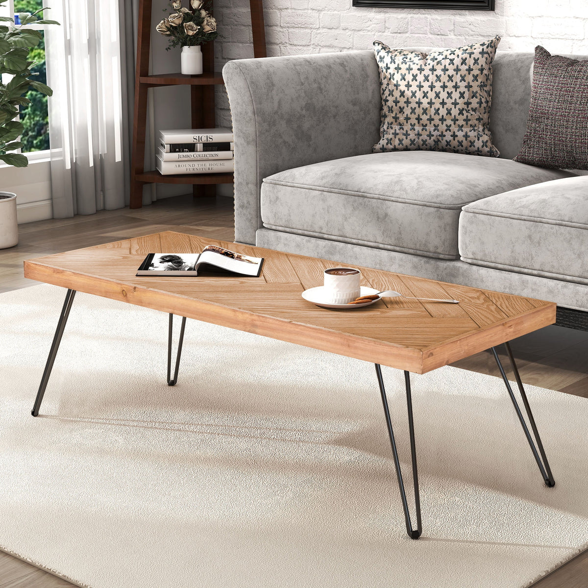 Modern Coffee Table with Chevron Pattern and Metal Hairpin Legs T831