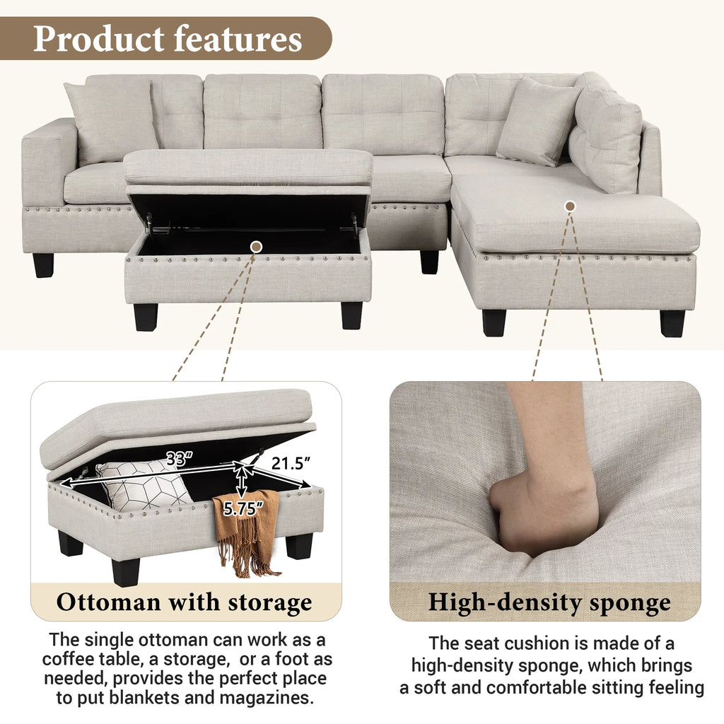 Light Gray Sectional Sofa with Storage Ottoman and Cup Holder P394929