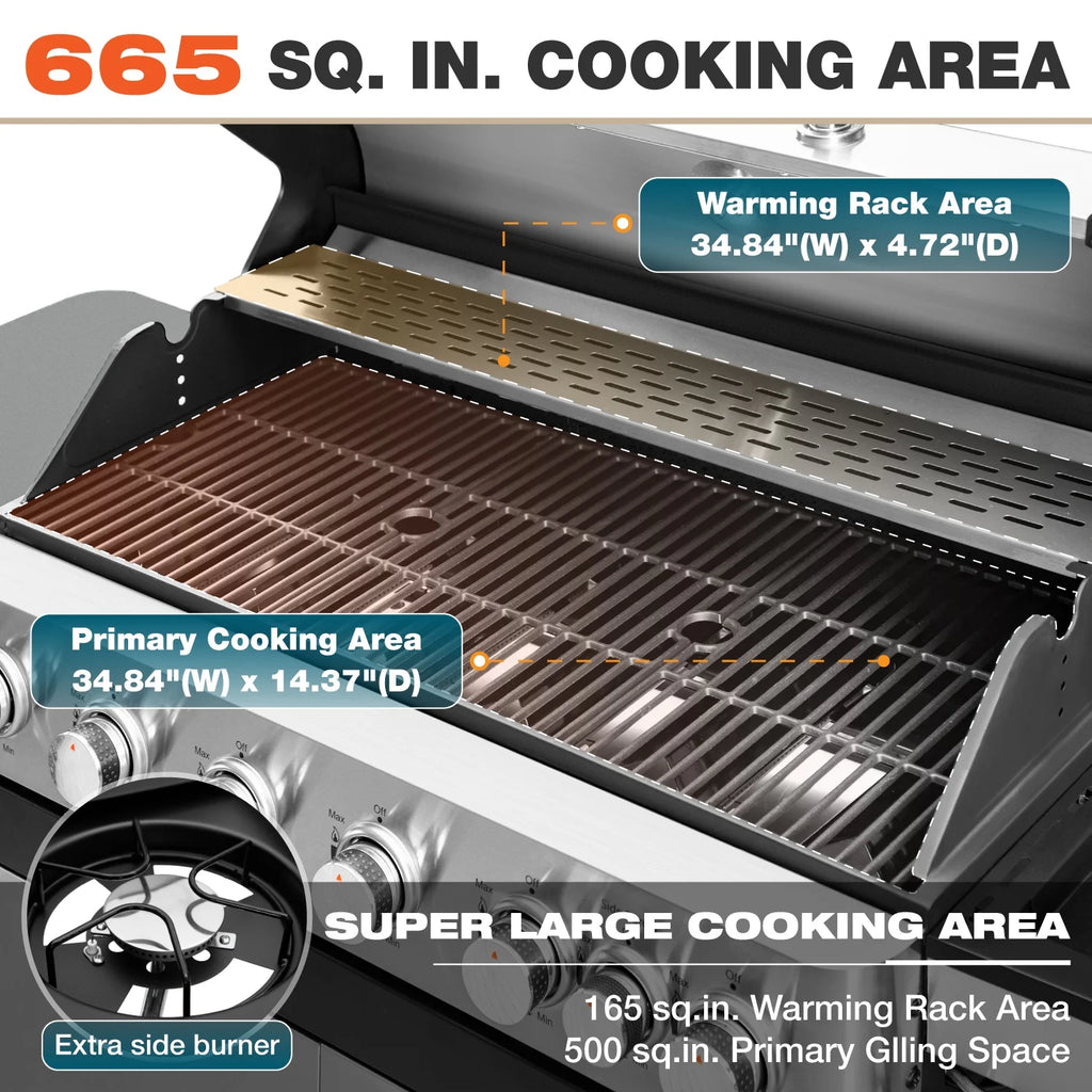 6 Burner Propane Gas Grill with Side Burner Stainless Steel T310