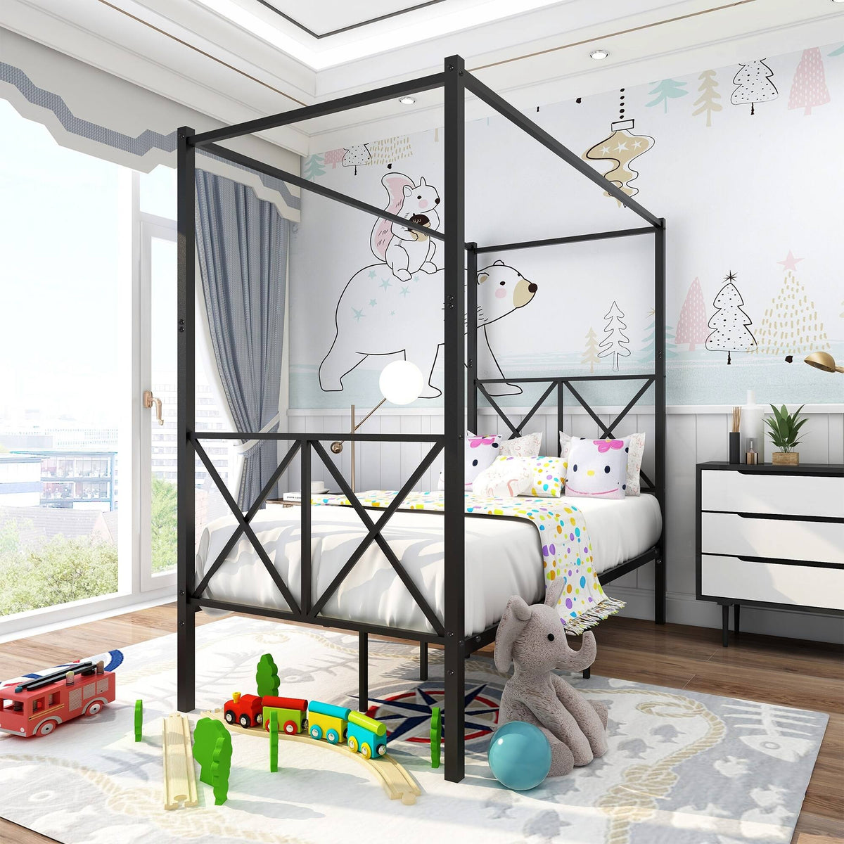 Twin Canopy Bed Frame with X Shaped Frame - Black B374513