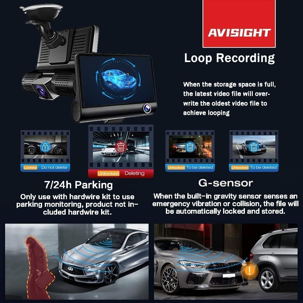 3 Channel Dash Cam Front Rear Inside 1080P Triple Dash Cam with Night Vision 170° Wide Angle Y453185