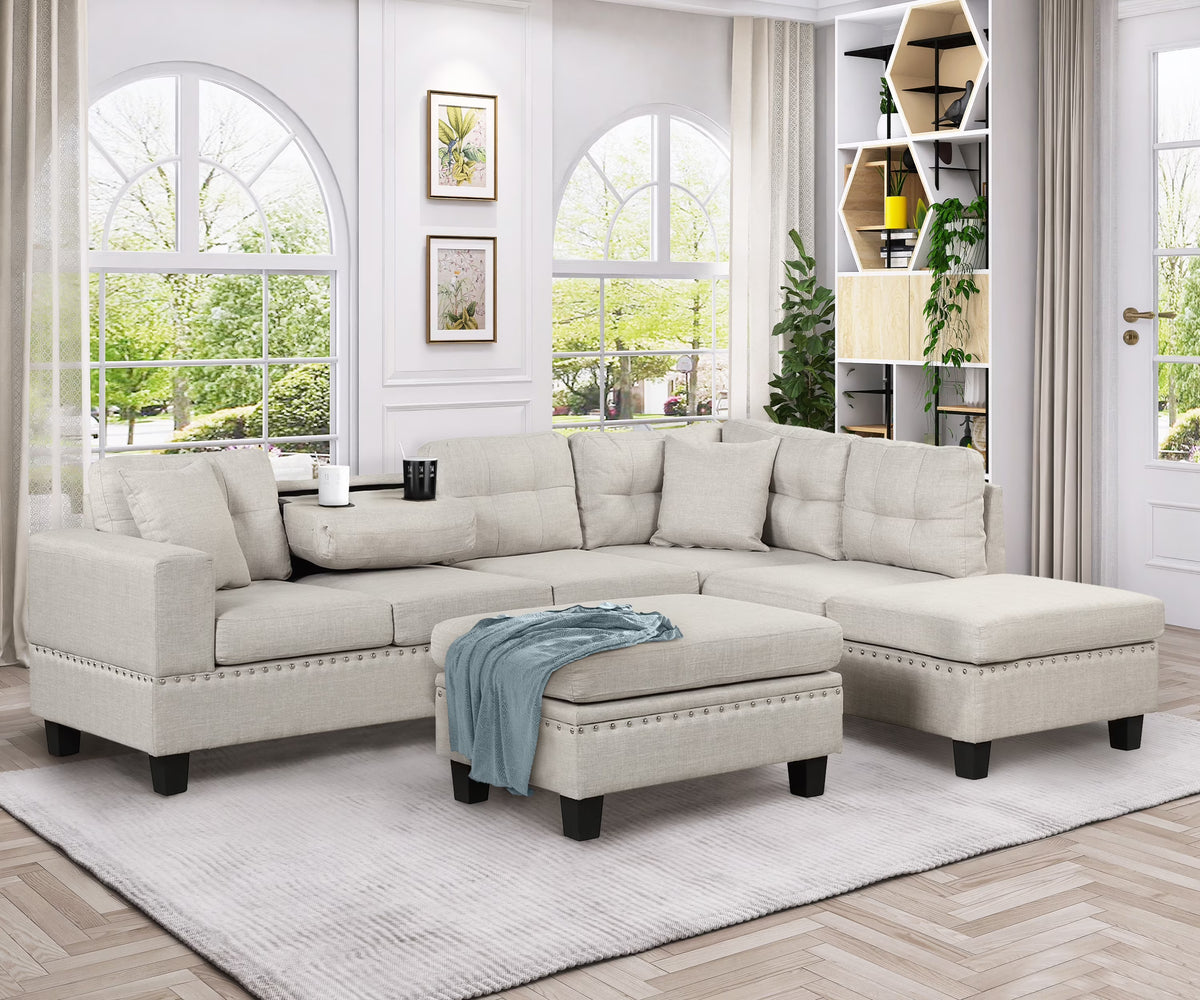 Light Gray Sectional Sofa with Storage Ottoman and Cup Holder P394929
