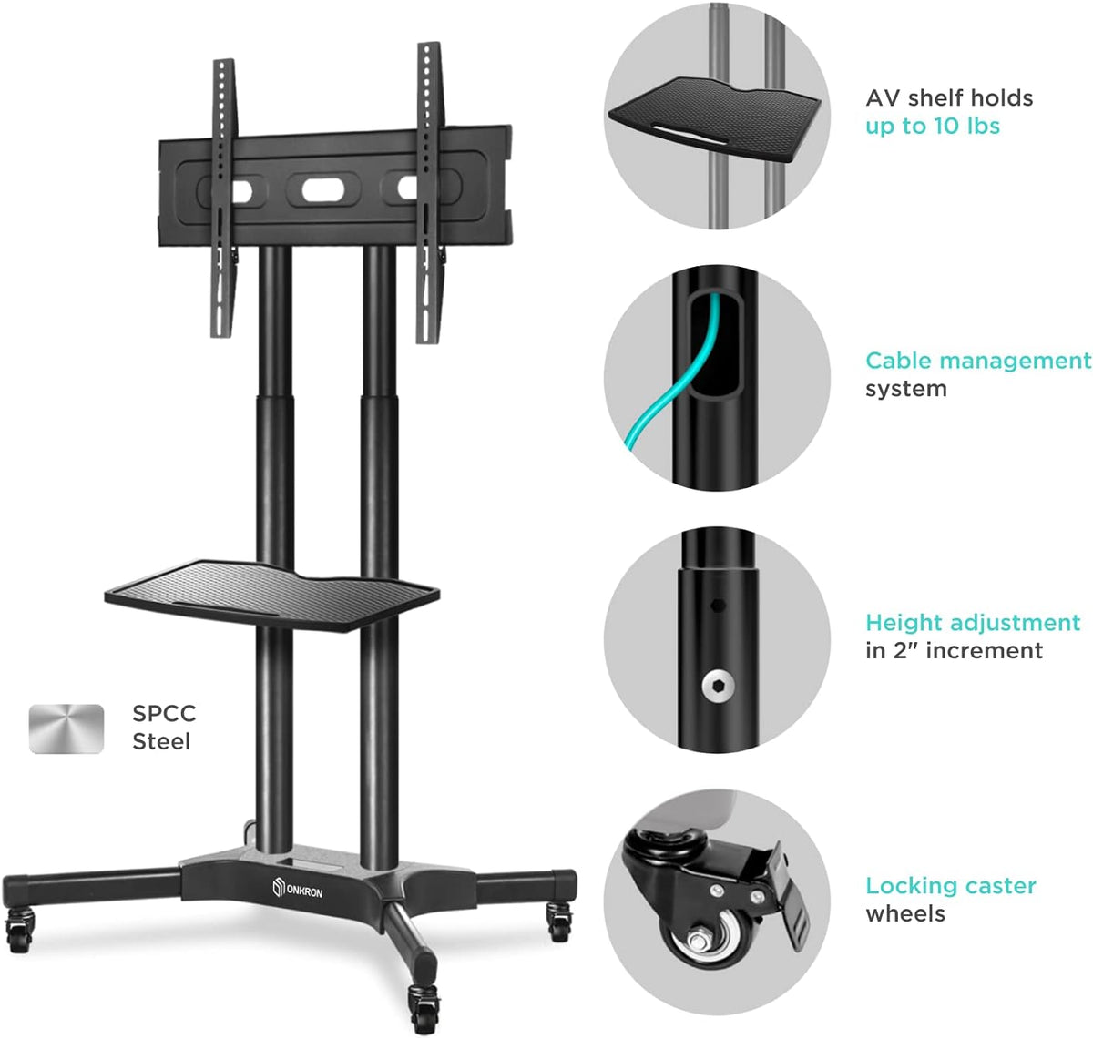 Mobile TV Stand Rolling TV Cart for 40 to 65 Inch LCD LED TV Screens with Wheels Shelves L92888