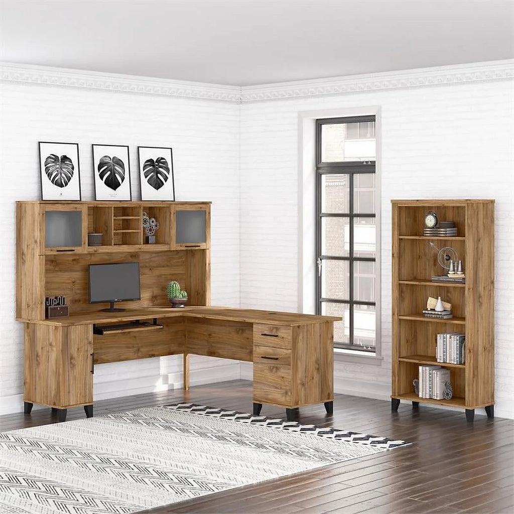 72W L Desk with Hutch and Bookcase in Fresh Walnut A509841