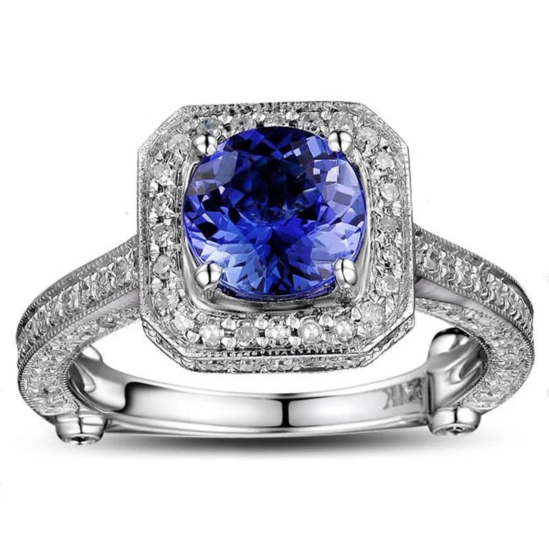 2 Carat Antique Halo Split Shank 6mm Round Cut Engagement Ring with Blue Sapphires and Moissanite in 10k White Gold V193343