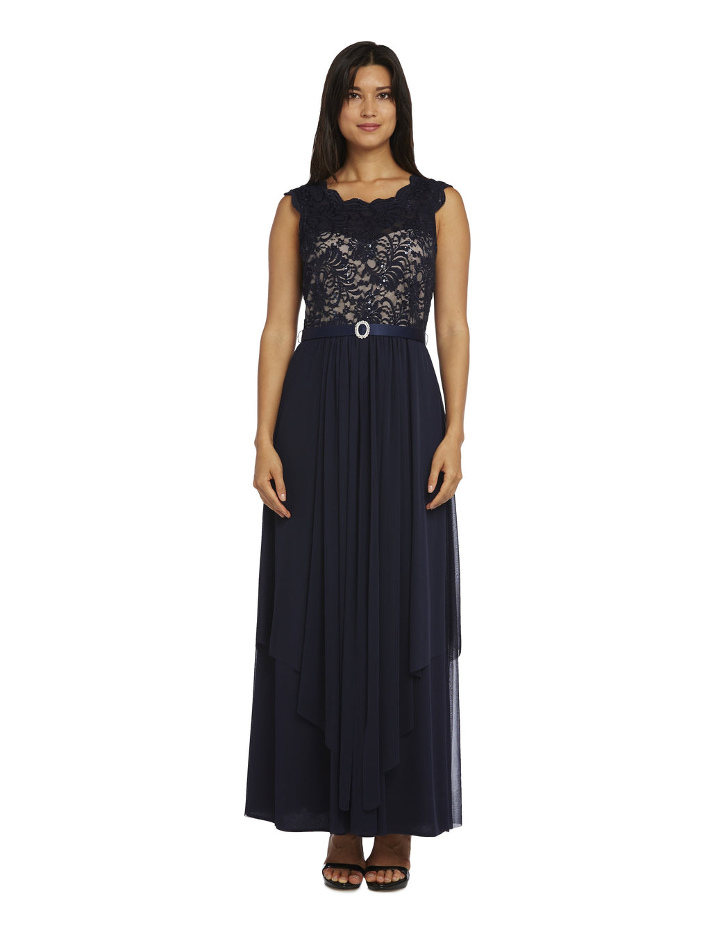 Navy/Taupe Sequin Lace Embroidered A-line Dress C329968