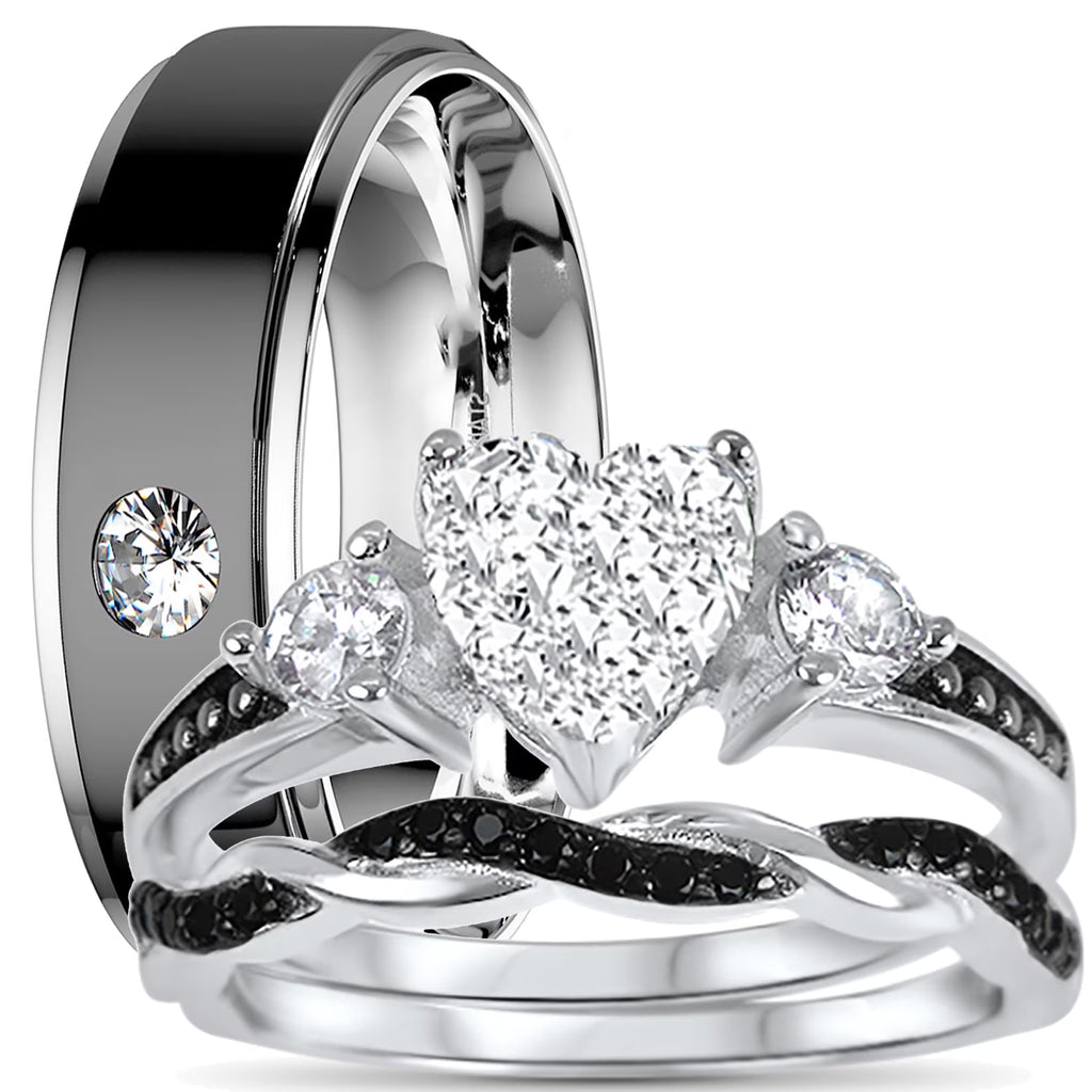 3 Piece Sterling Silver Black Wedding Band Engagement Ring Set F163496