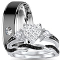 3 Piece Sterling Silver Black Wedding Band Engagement Ring Set F163496