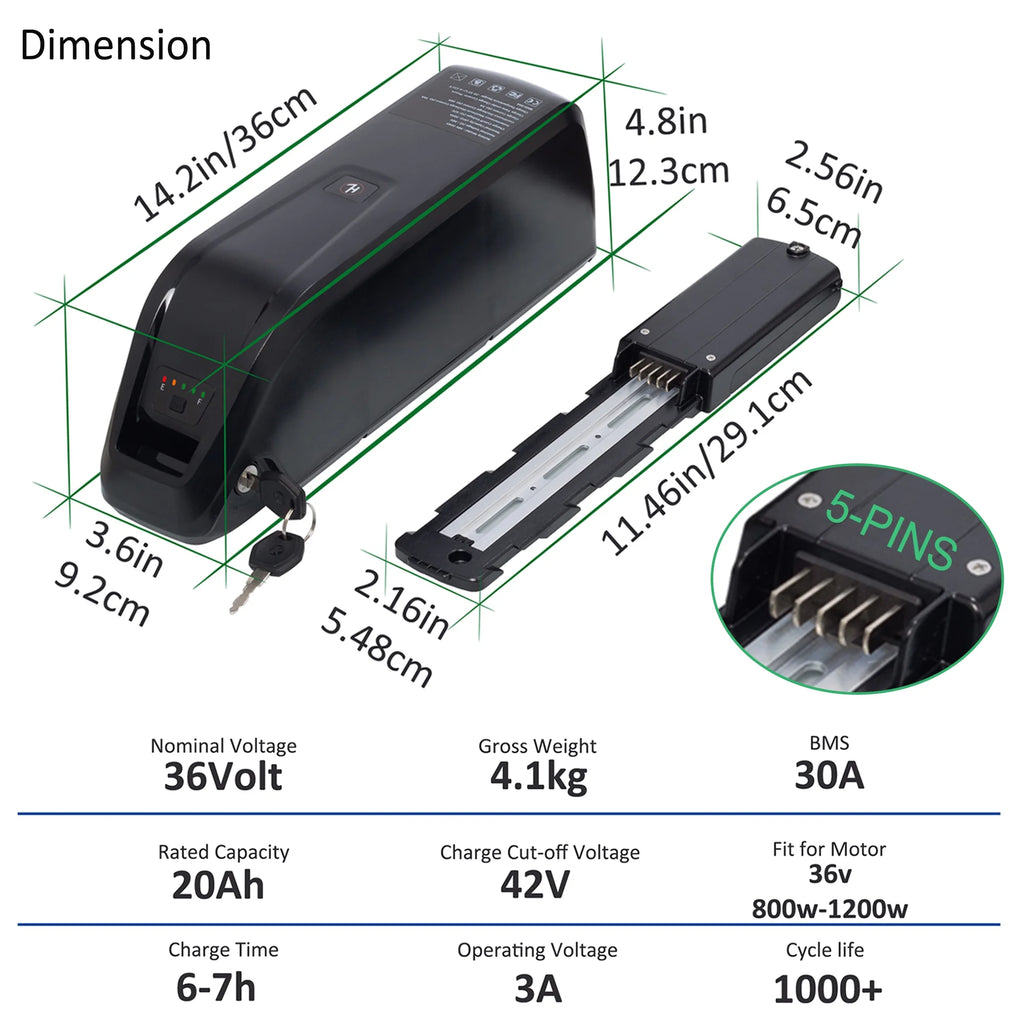 36V 20Ah Lithium Ebike Battery with 3A Charger Y2640