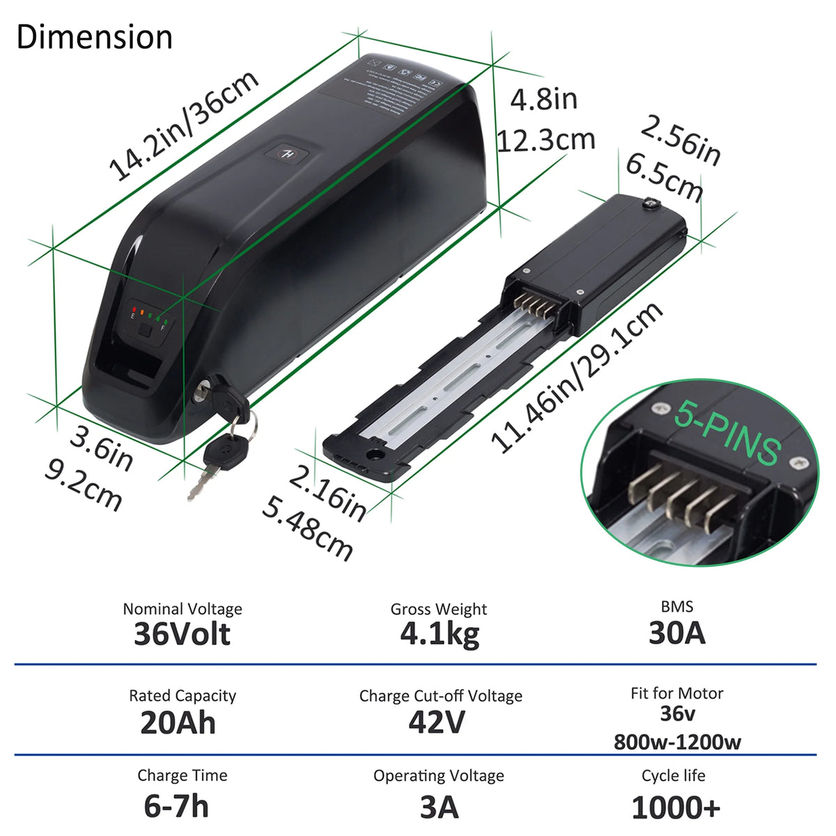 36V 20Ah Lithium Ebike Battery with 3A Charger Y2640