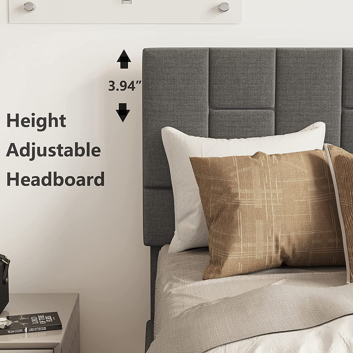 Grey Twin Bed Frame with Upholstered Headboard and Under-bed Drawer K65740