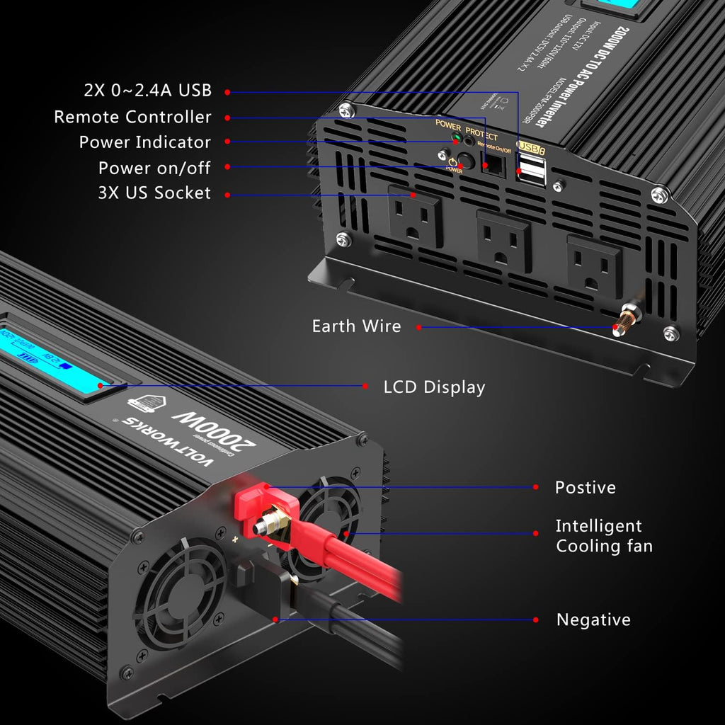 1100 watt DC 12V to AC 120V Modified Sine Wave Inverter with LCD Display Remote Control 2AC Outlets Dual 2.4A USB Ports L83245