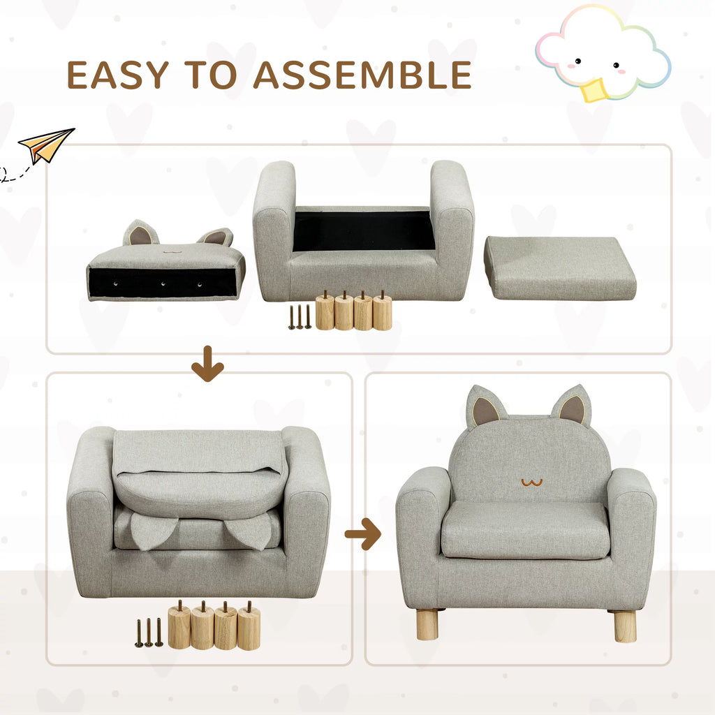 Grey Kids Sofa with Cat Ear Backrest and Wooden Legs P4125