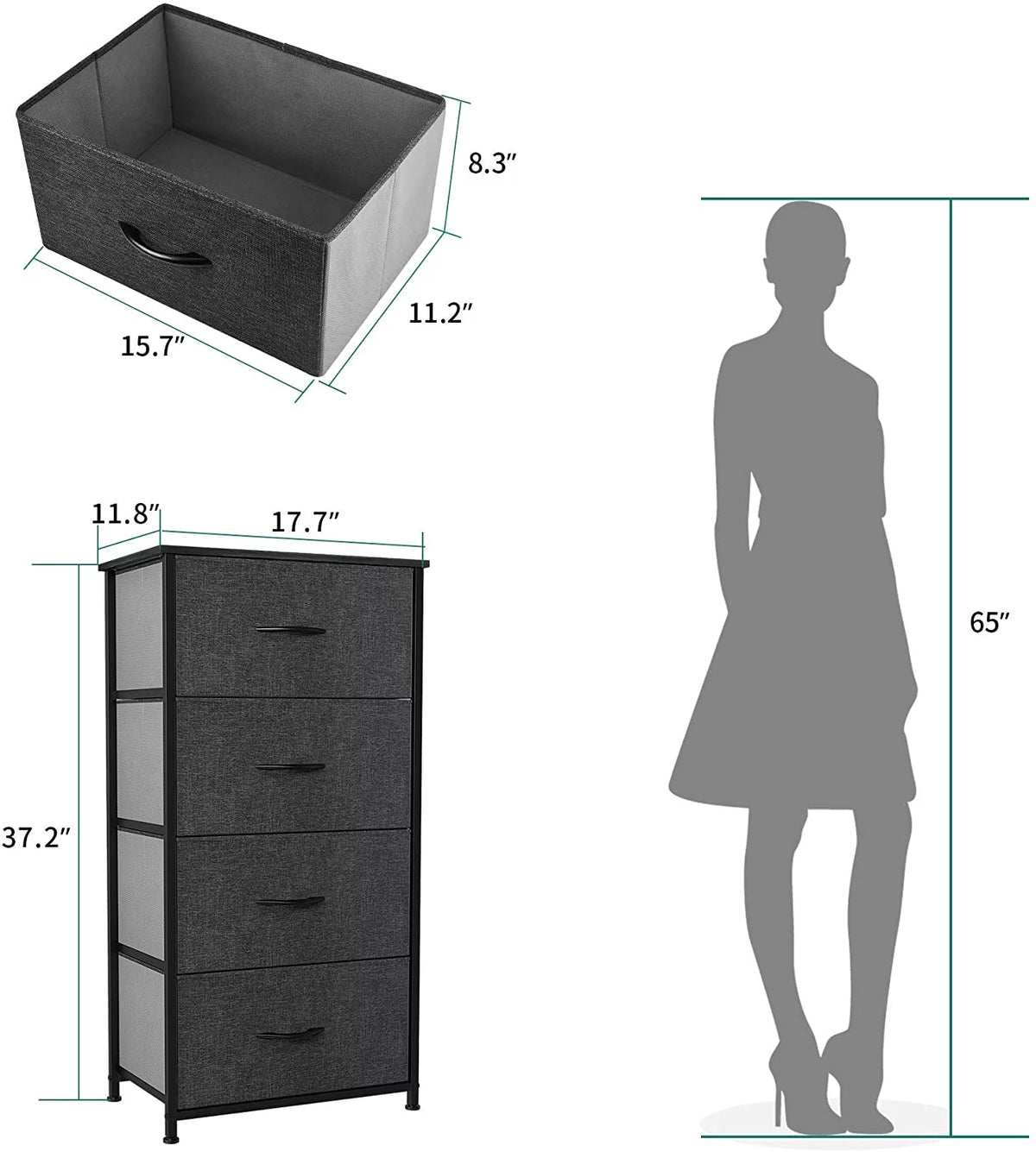 4 Drawers Dresser Storage Tower Black Grey E3423